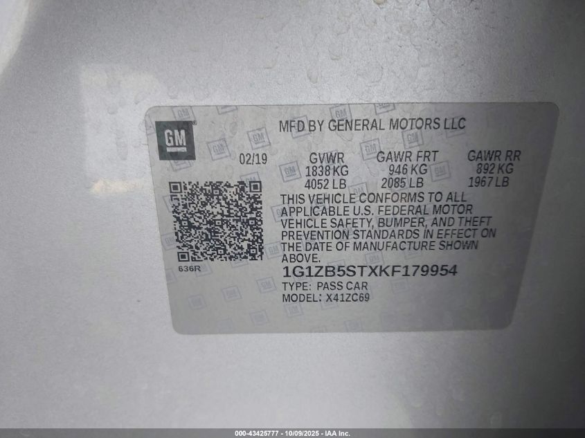 2019 Chevrolet Malibu 1Ls VIN: 1G1ZB5STXKF179954 Lot: 43425777