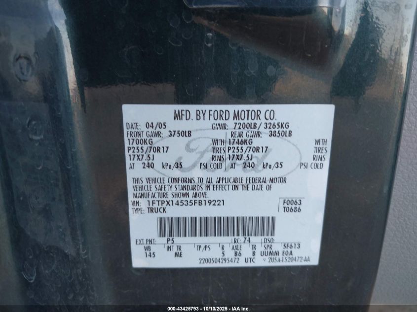 2005 Ford F-150 Fx4/Lariat/Xl/Xlt VIN: 1FTPX14535FB19221 Lot: 43425793