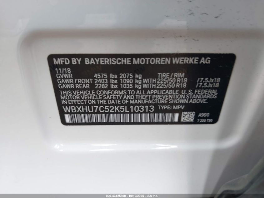 2019 BMW X1 Sdrive28I VIN: WBXHU7C52K5L10313 Lot: 43425800