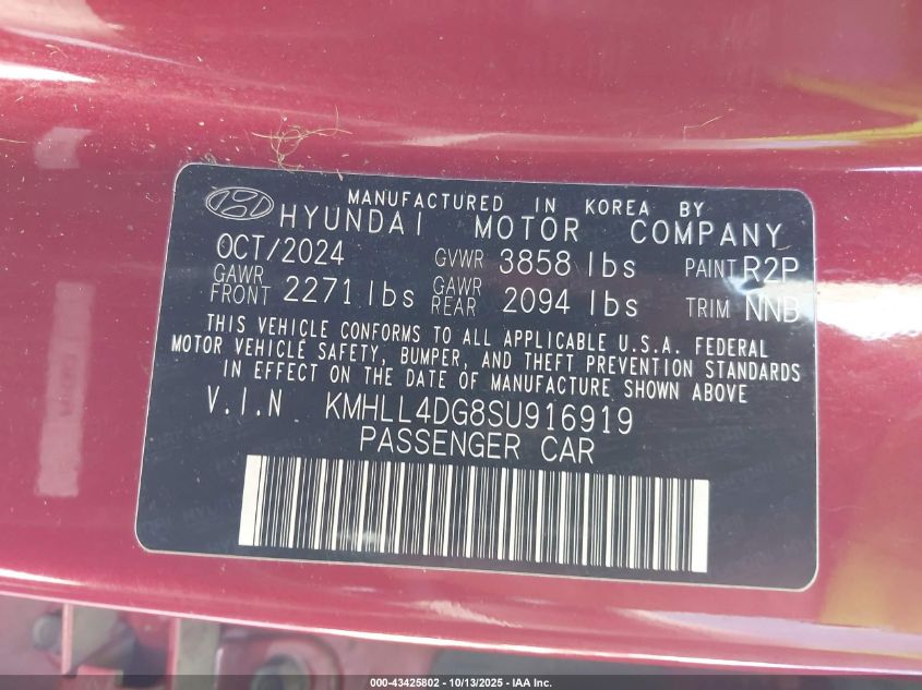 2025 Hyundai Elantra Se VIN: KMHLL4DG8SU916919 Lot: 43425802