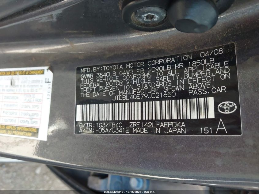 2009 Toyota Corolla Le VIN: JTDBL40E79J021650 Lot: 43425810