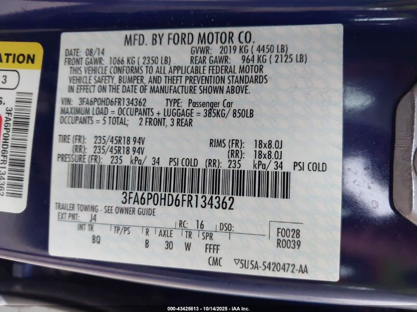 2015 Ford Fusion Se VIN: 3FA6P0HD6FR134362 Lot: 43425813