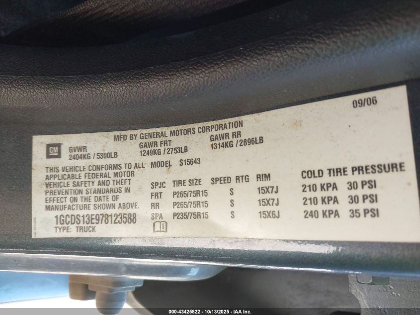 2007 Chevrolet Colorado Lt VIN: 1GCDS13E978123588 Lot: 43425822