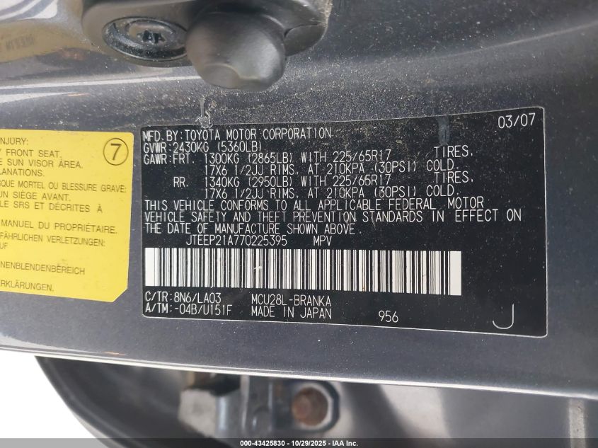 2007 Toyota Highlander Limited V6 VIN: JTEEP21A770225395 Lot: 43425830