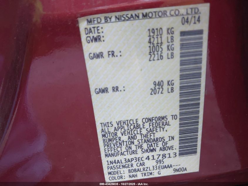 2014 Nissan Altima 2.5/2.5 S/2.5 Sl/2.5 Sv VIN: 1N4AL3AP3EC417813 Lot: 43425835