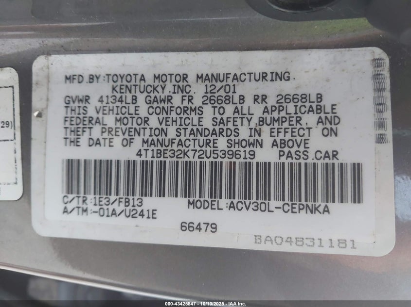 2002 Toyota Camry Le VIN: 4T1BE32K72U539619 Lot: 43425847