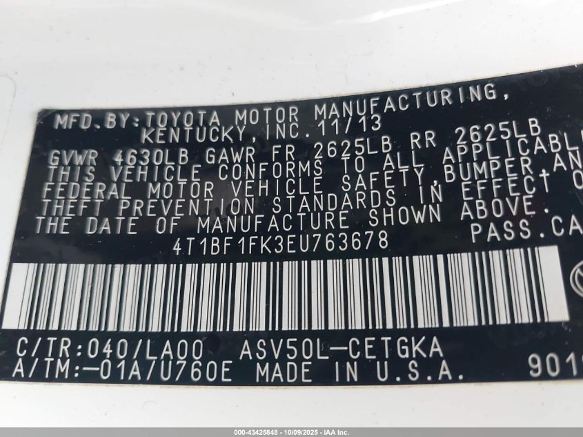 2014 Toyota Camry Xle VIN: 4T1BF1FK3EU763678 Lot: 43425848