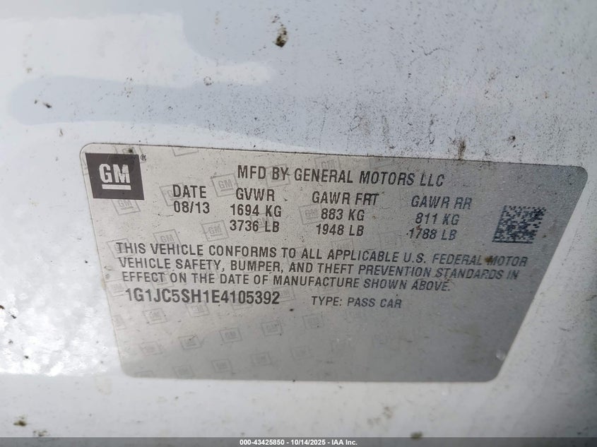 2014 CHEVROLET SONIC LT AUTO 1G1JC5SH1E4105392