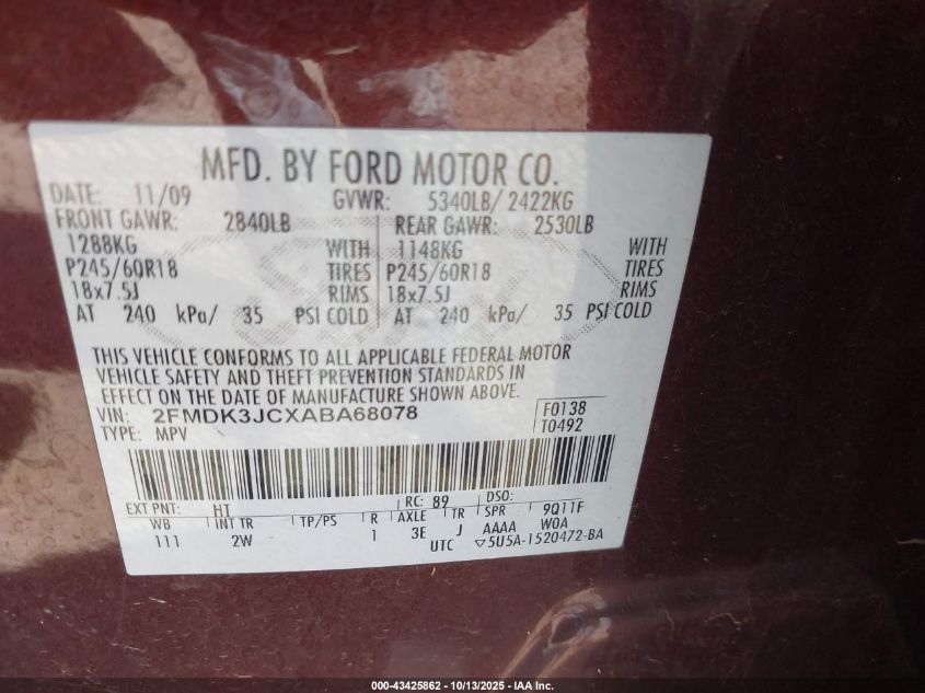 2010 Ford Edge Sel VIN: 2FMDK3JCXABA68078 Lot: 43425862