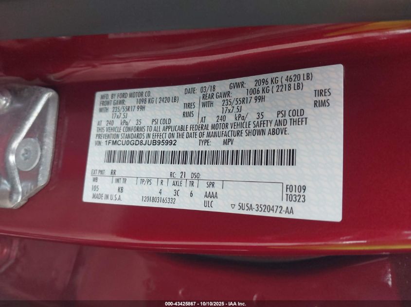 2018 Ford Escape Se VIN: 1FMCU0GD8JUB95992 Lot: 43425867