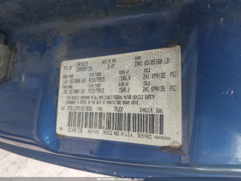 1997 Dodge Dak Club VIN: 1B7GL23X2CS219693 Lot: 43425868