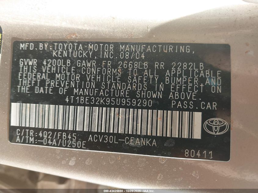2005 Toyota Camry Le VIN: 4T1BE32K95U959290 Lot: 43425888