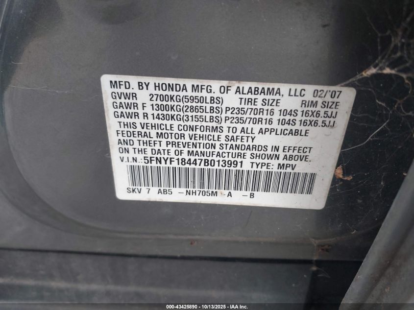 2007 Honda Pilot Ex VIN: 5FNYF18447B013991 Lot: 43425890