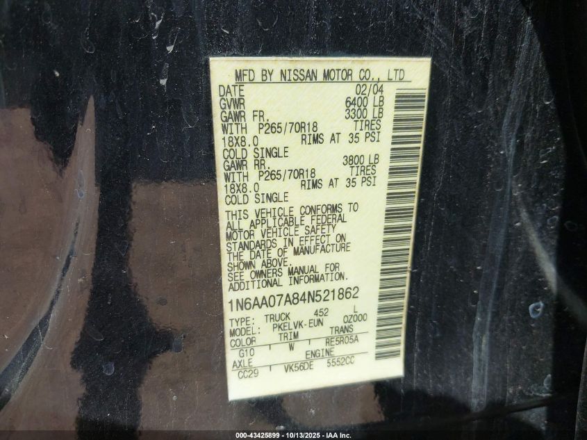 2004 Nissan Titan Le VIN: 1N6AA07A84N521862 Lot: 43425899