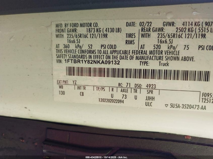 2022 Ford Transit-250 VIN: 1FTBR1Y82NKA09132 Lot: 43425910