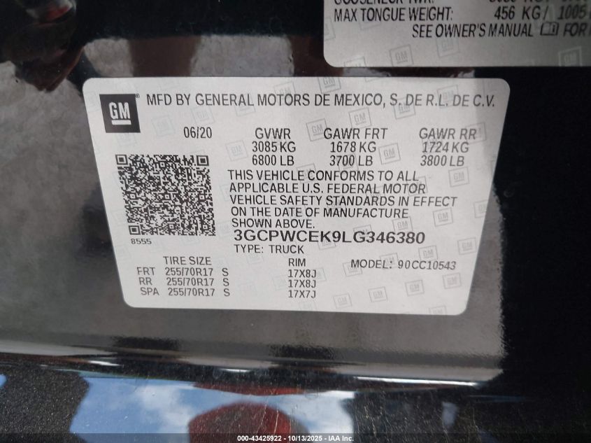 2020 Chevrolet Silverado 1500 2Wd Short Bed Lt VIN: 3GCPWCEK9LG346380 Lot: 43425922