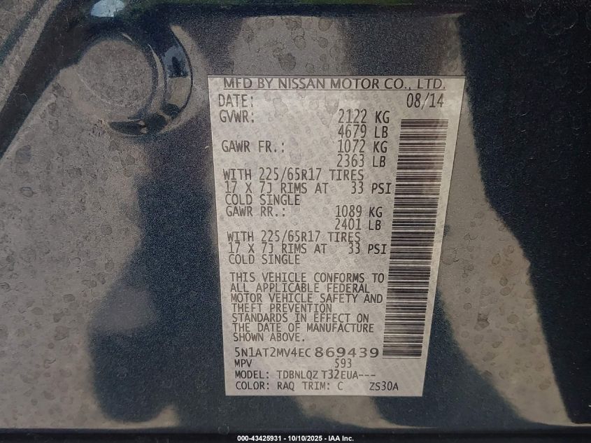 2014 Nissan Rogue Sv VIN: 5N1AT2MV4EC869439 Lot: 43425931