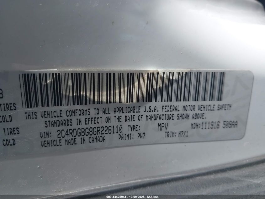 2016 Dodge Grand Caravan Se VIN: 2C4RDGBG8GR226110 Lot: 43425944