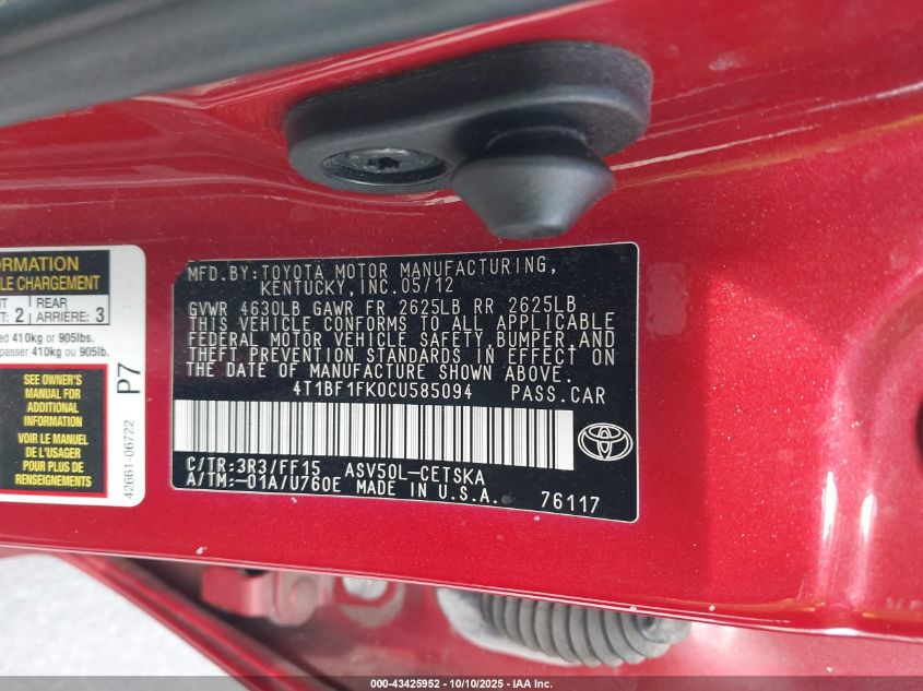 2012 Toyota Camry Se VIN: 4T1BF1FK0CU585094 Lot: 43425952