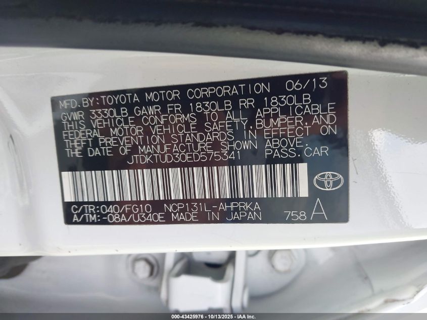 2014 Toyota Yaris Le (Tmc/Cbu Plant) VIN: JTDKTUD30ED575341 Lot: 43425976