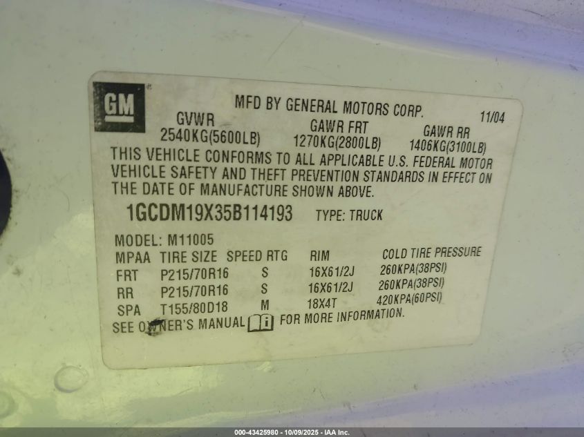 2005 Chevrolet Astro VIN: 1GCDM19X35B114193 Lot: 43425980