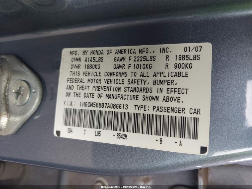 2007 Honda Accord 2.4 Ex VIN: 1HGCM56887A086613 Lot: 43425996