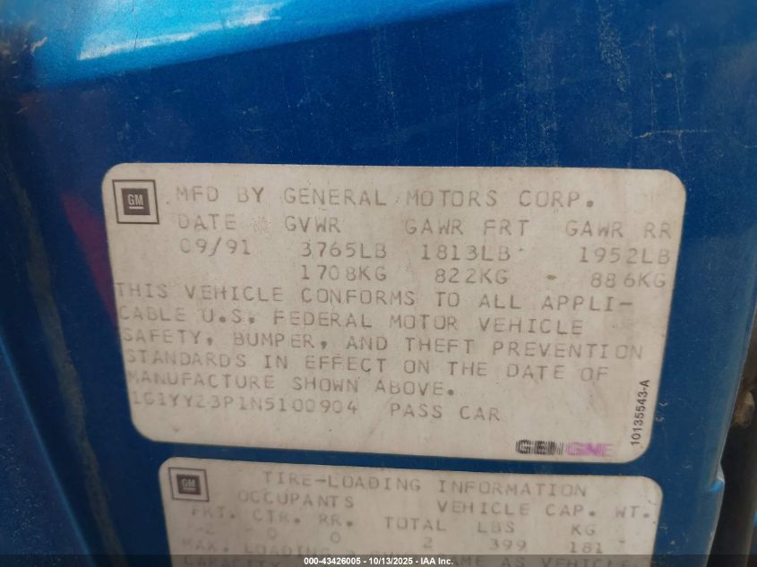 1992 Chevrolet Corvette VIN: 1G1YY23P1N5100904 Lot: 43426005