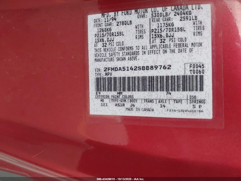 1995 Ford Windstar Wagon VIN: 2FMDA5142SBB89762 Lot: 43426010