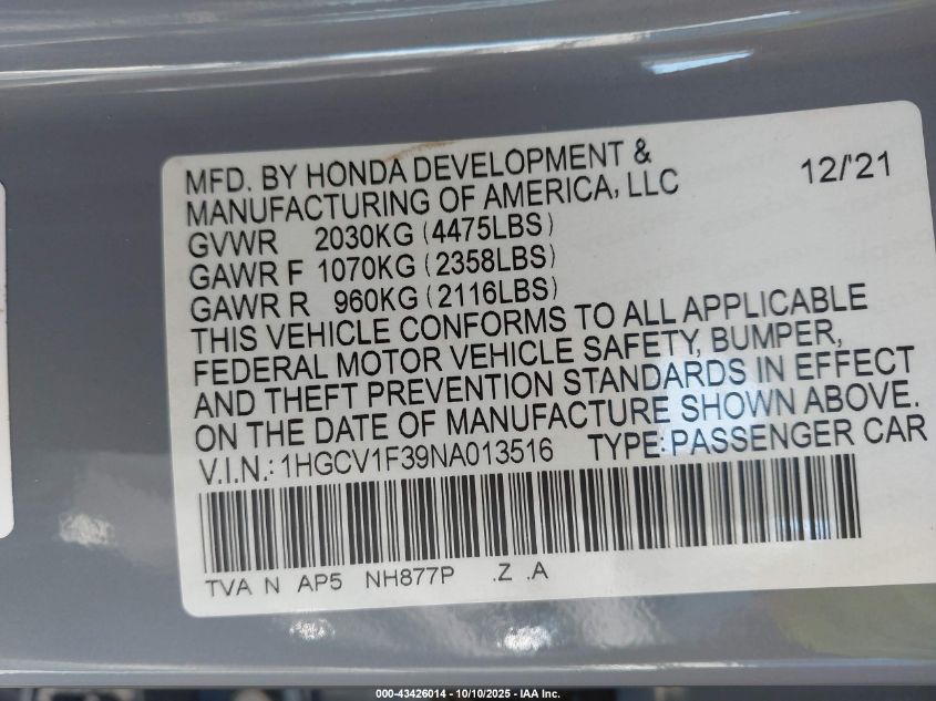 2022 Honda Accord Sport VIN: 1HGCV1F39NA013516 Lot: 43426014