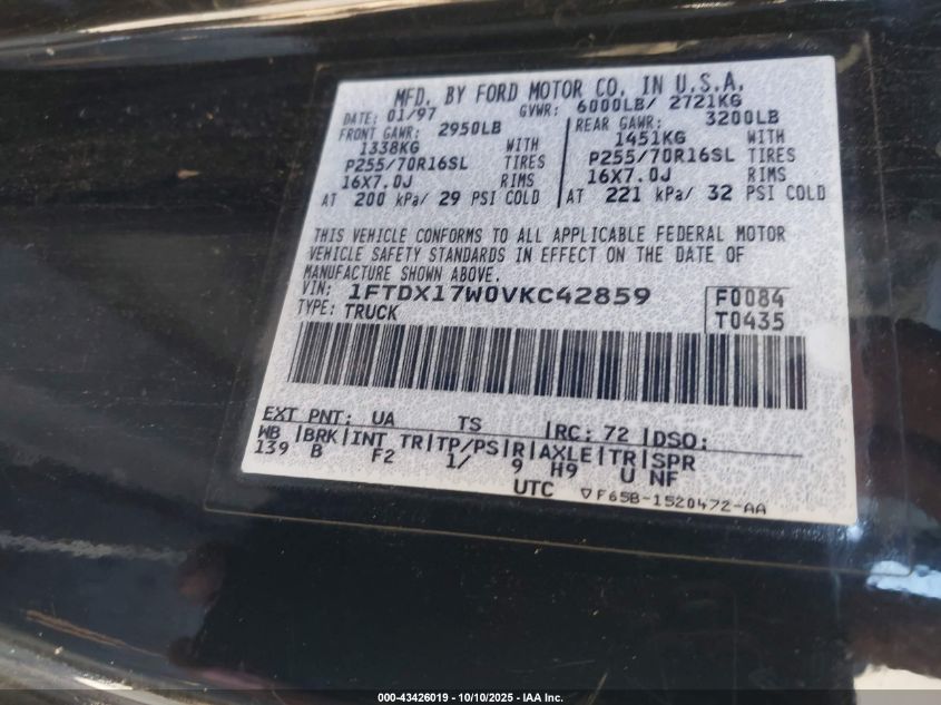 1997 Ford F-150 Lariat/Standard/Xl/Xlt VIN: 1FTDX17W0VKC42859 Lot: 43426019