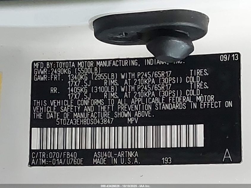 2013 Toyota Highlander VIN: 5TDZA3EH8DS043847 Lot: 43426026