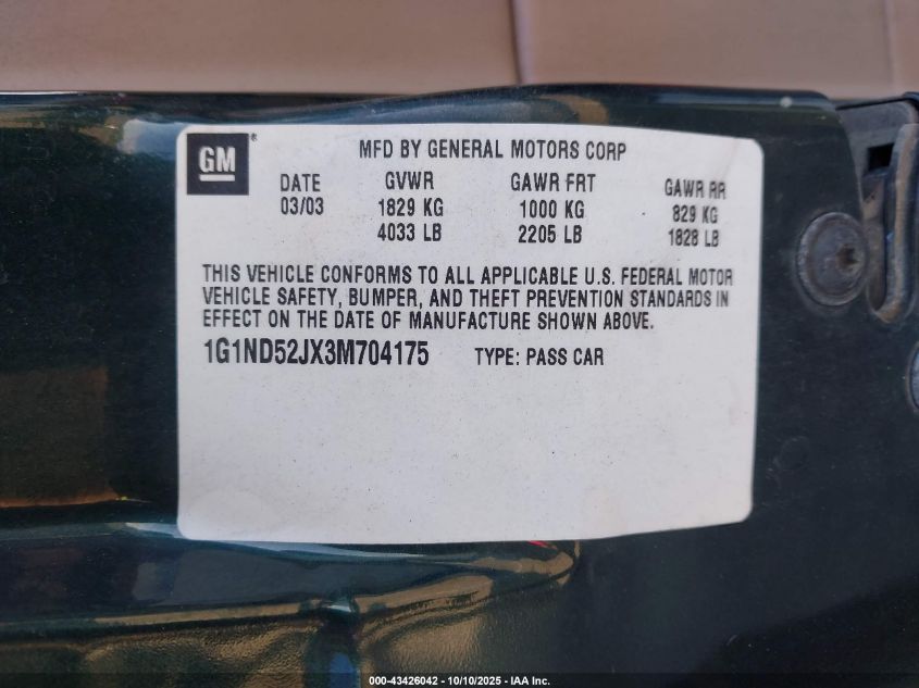2003 Chevrolet Malibu VIN: 1G1ND52JX3M704175 Lot: 43426042