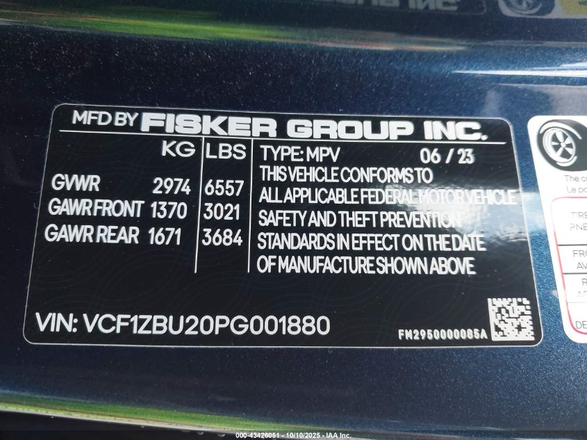 2023 Fisker Ocean One VIN: VCF1ZBU20PG001880 Lot: 43426051