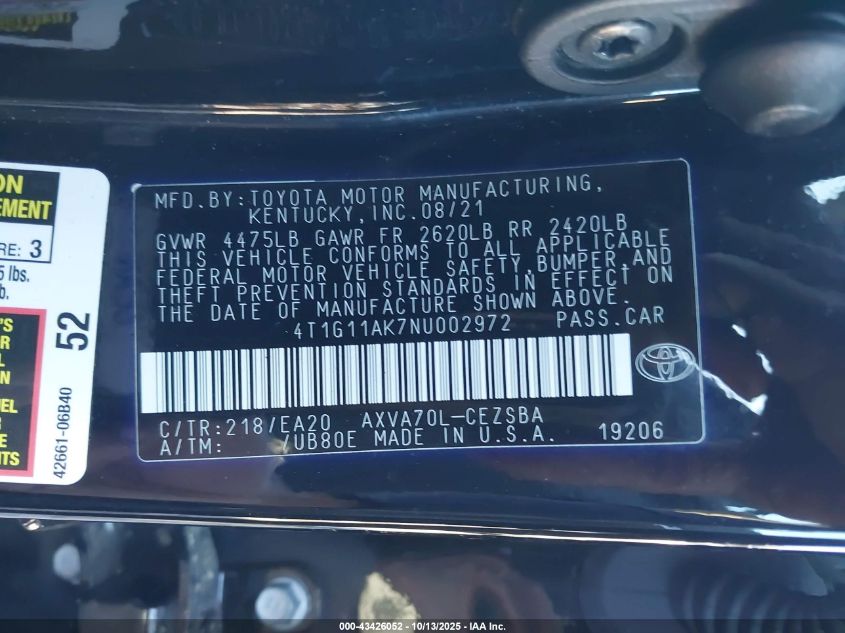 2022 Toyota Camry Se VIN: 4T1G11AK7NU002972 Lot: 43426052