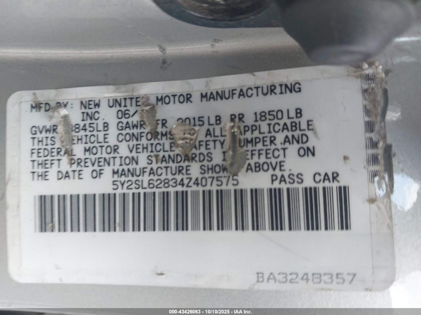 2004 Pontiac Vibe VIN: 5Y2SL62834Z407575 Lot: 43426063