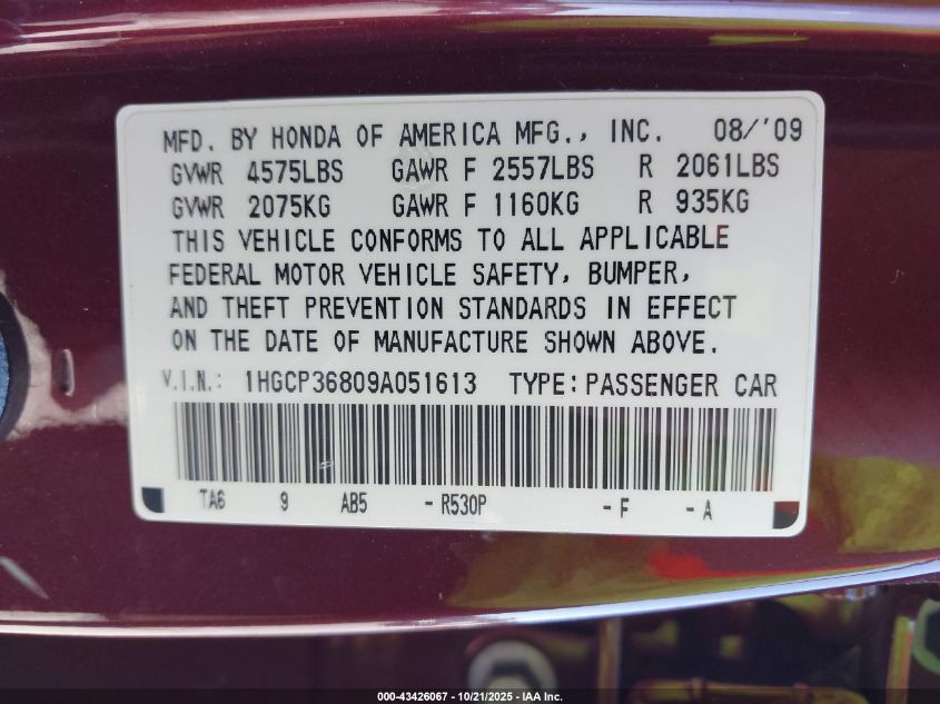 2009 Honda Accord 3.5 Ex-L VIN: 1HGCP36809A051613 Lot: 43426067