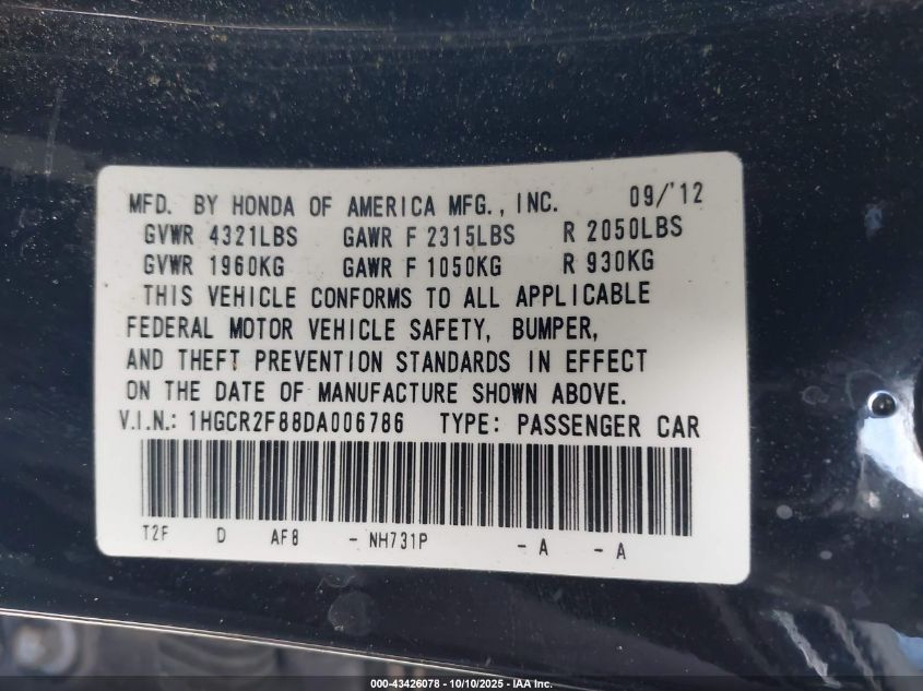 2013 Honda Accord Ex-L VIN: 1HGCR2F88DA006786 Lot: 43426078