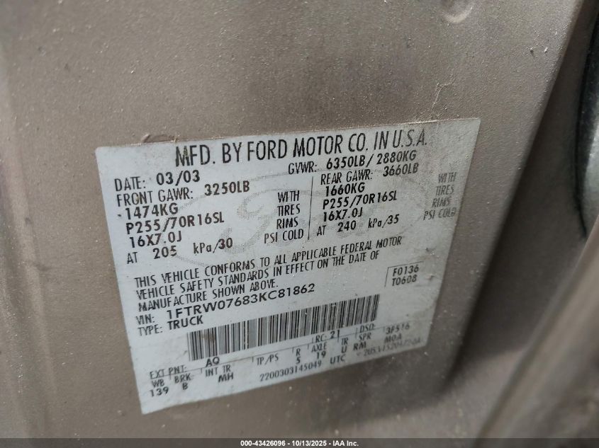2003 Ford F-150 Lariat/Xlt VIN: 1FTRW07683KC81862 Lot: 43426096