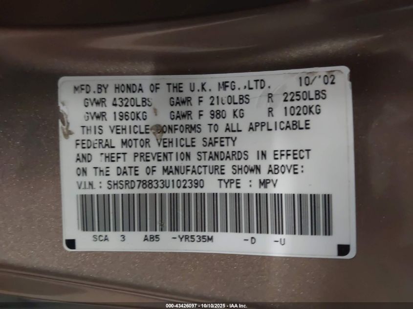 2003 Honda Cr-V Ex VIN: SHSRD78833U102390 Lot: 43426097