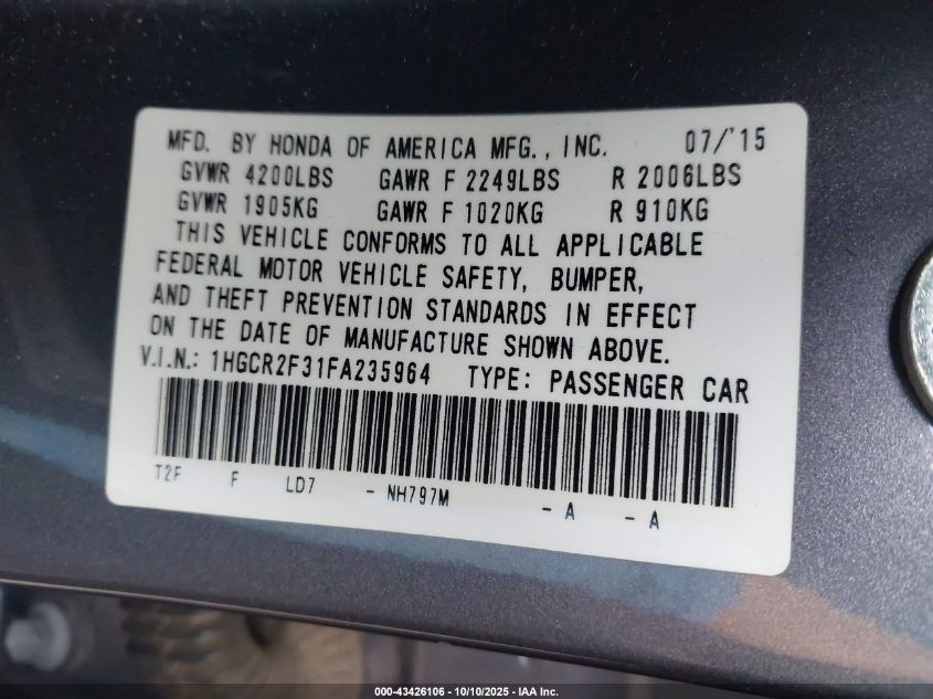 2015 Honda Accord Lx VIN: 1HGCR2F31FA235964 Lot: 43426106