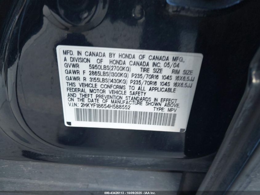 2004 Honda Pilot Ex-L VIN: 2HKYF18654H588552 Lot: 43426113