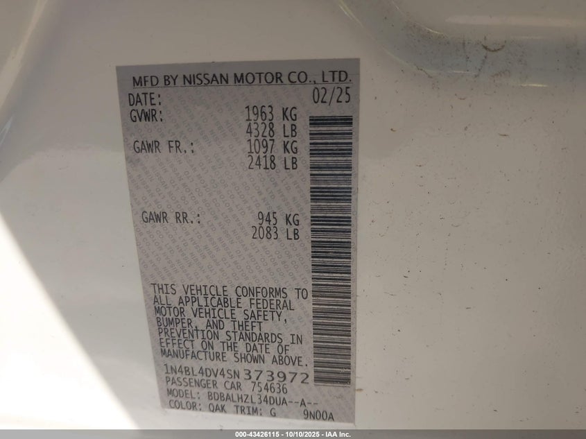 2025 NISSAN ALTIMA SV FWD 1N4BL4DV4SN373972