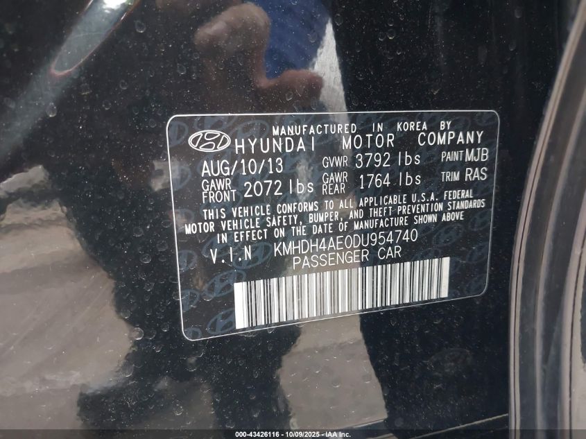 2013 Hyundai Elantra Gls VIN: KMHDH4AE0DU954740 Lot: 43426116