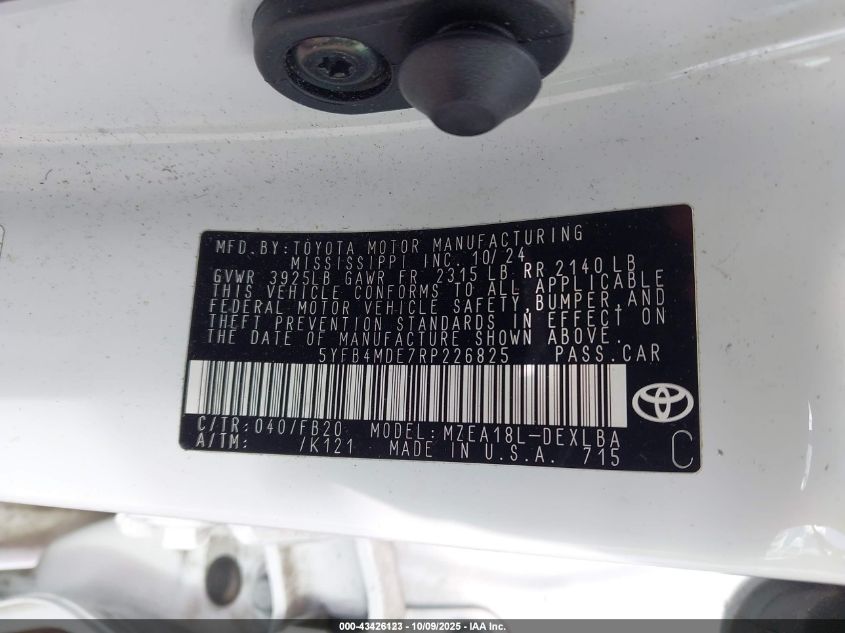 2024 Toyota Corolla Le VIN: 5YFB4MDE7RP226825 Lot: 43426123