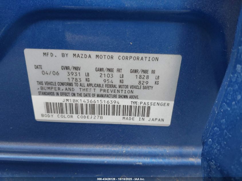 2006 Mazda Mazda3 S VIN: JM1BK143661516394 Lot: 43426126