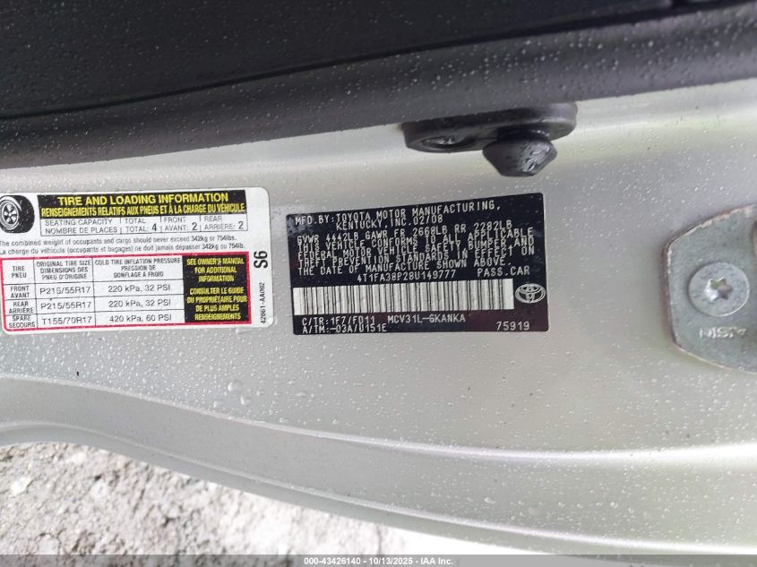 2008 Toyota Camry Solara Sport VIN: 4T1FA38P28U149777 Lot: 43426140