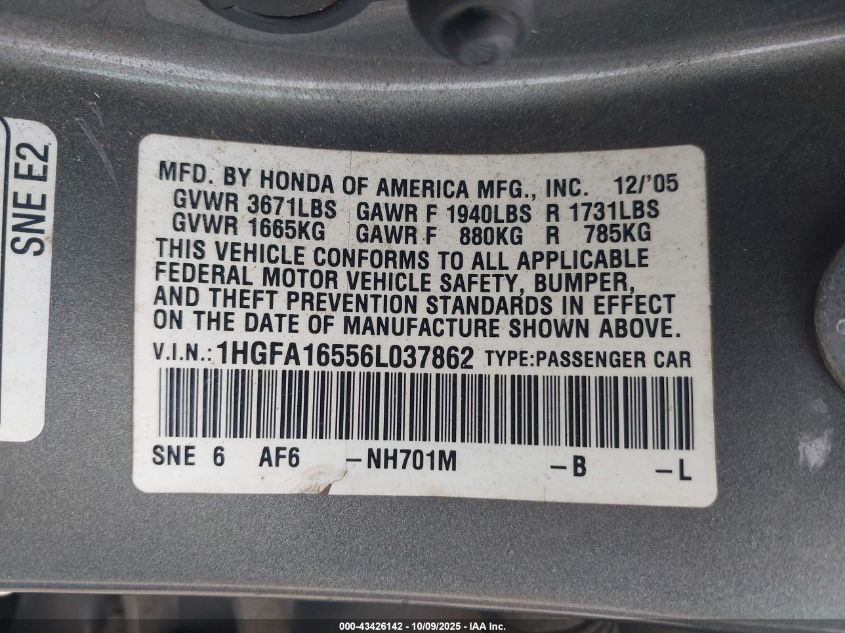 2006 Honda Civic Lx VIN: 1HGFA16556L037862 Lot: 43426142