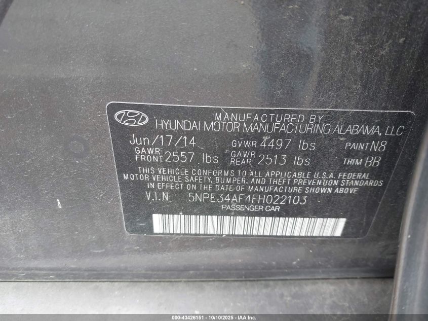 2015 Hyundai Sonata Sport VIN: 5NPE34AF4FH022103 Lot: 43426151
