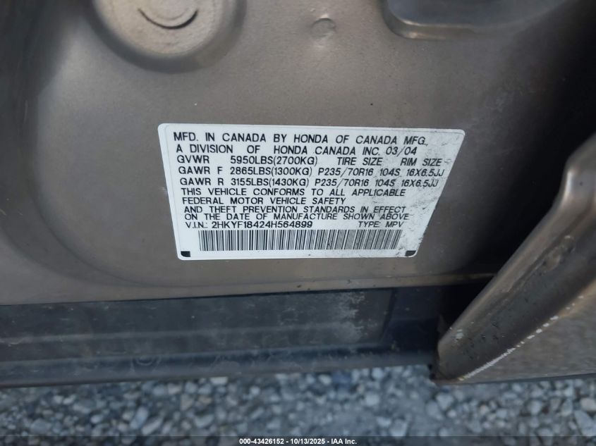 2004 Honda Pilot Ex VIN: 2HKYF18424H564899 Lot: 43426152