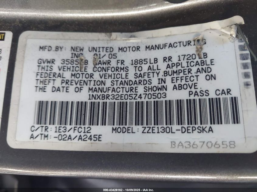 2005 Toyota Corolla Ce/Le/S VIN: 1NXBR32E05Z470503 Lot: 43426162